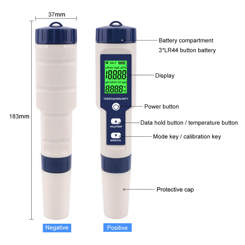 5-in-1 Wasserqualitätstest für Aquarium & Pool – pH, TDS, Leitfähigkeit, Salzgehalt & Temperatur