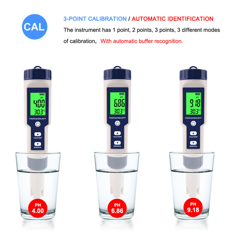 5-in-1 Wasserqualitätstest für Aquarium & Pool – pH, TDS, Leitfähigkeit, Salzgehalt & Temperatur