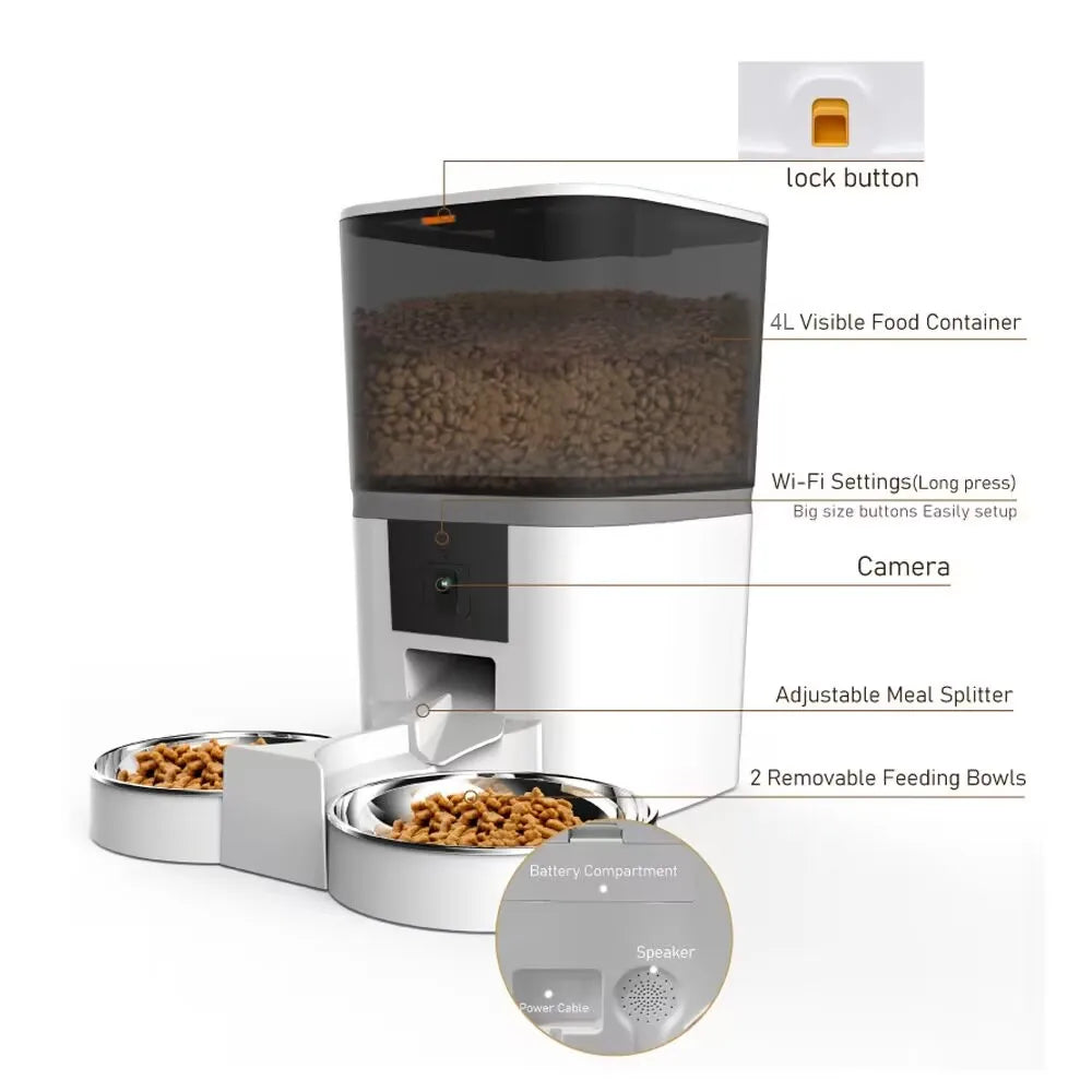 4L Futterautomat mit Doppelnapf, Live-Kamera & App – Futter & Wasser automatisch