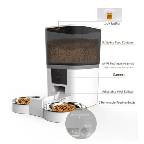 4L Futterautomat mit Doppelnapf, Live-Kamera & App – Futter & Wasser automatisch
