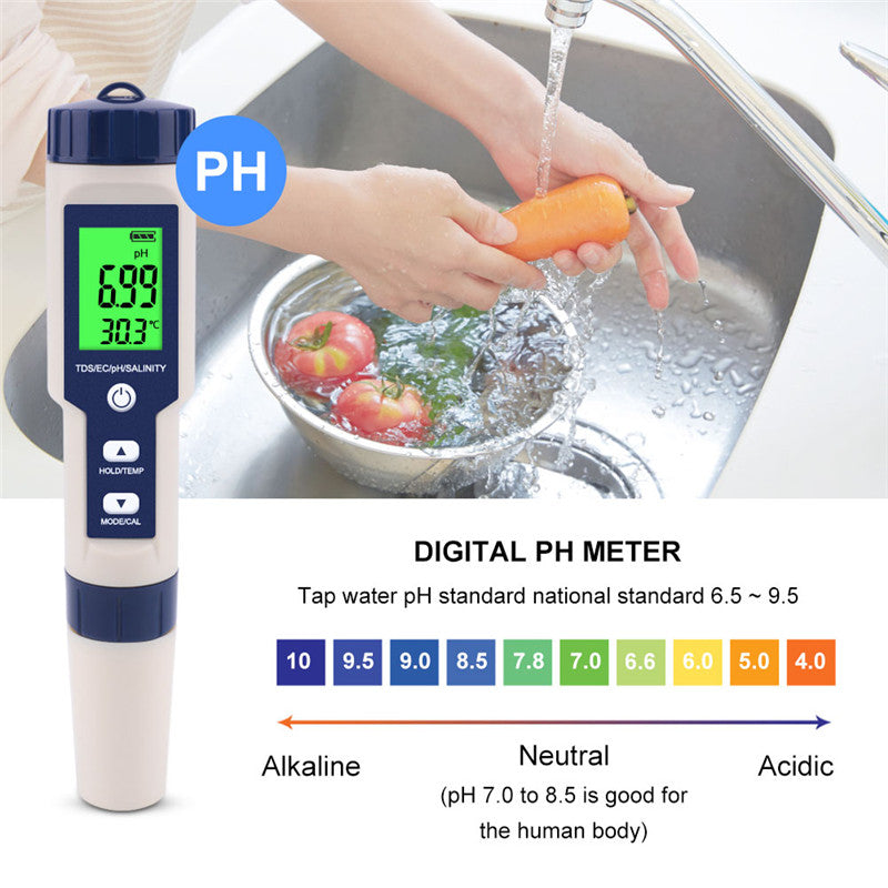 5-in-1 Wasserqualitätstest für Aquarium & Pool – pH, TDS, Leitfähigkeit, Salzgehalt & Temperatur